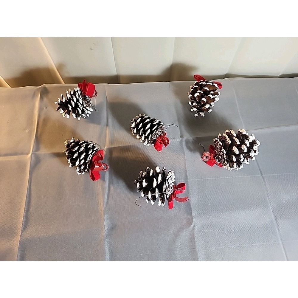 Vintage Set Of 6 Real Pinecone Christmas Tree Ornament Hand Painted Retro
